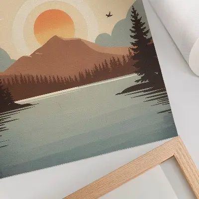 Premium wall art landscape depicting a mountain lake at sunset with lake trees in turquoise and beige