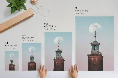 Poster tower moon background in calm pastel colors