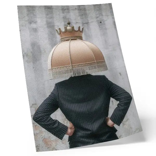 Art print featuring a refined lampshade and an elegant suit in a contrast of textures