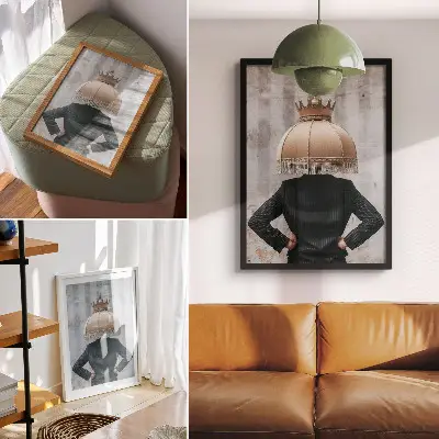 Art print featuring a refined lampshade and an elegant suit in a contrast of textures