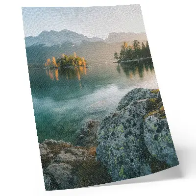 Poster mountains, lake, and island on a foggy morning