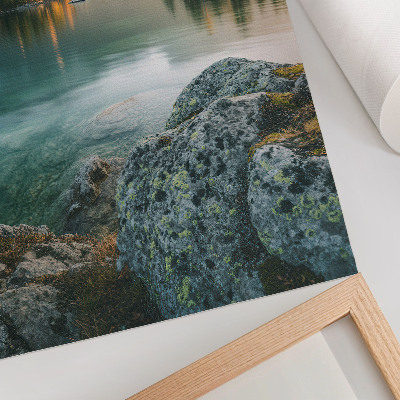 Poster Mountains, lake, island, foggy morning