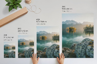 Poster Mountains, lake, island, foggy morning