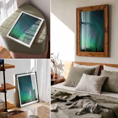Premium wall art aurora borealis featuring a turquoise sky and twinkling stars