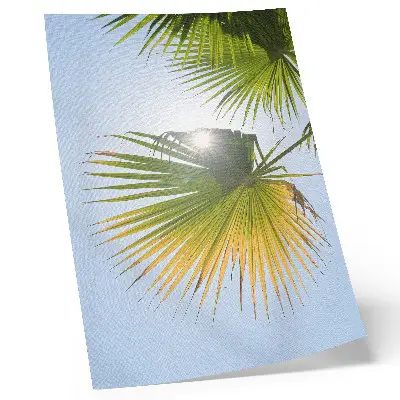 Poster palm leaves on a blue background in the sunlight