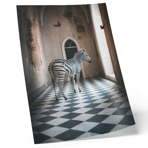 Poster zebra against architectural backdrop with birds in flight