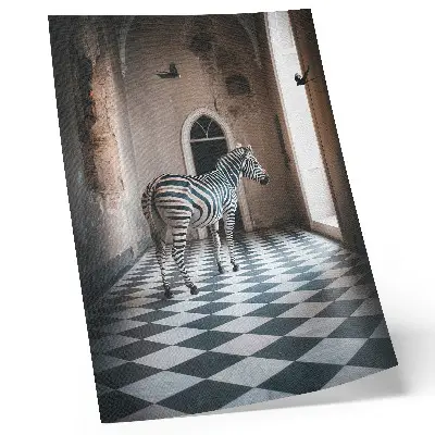 Poster zebra against architectural backdrop with birds in flight