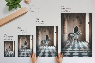 Poster Zebra against the backdrop of architecture with birds in flight