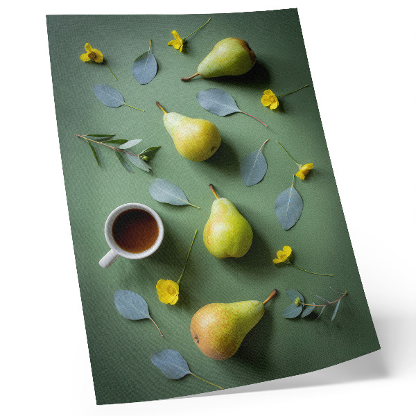 Art print Green background tea pears flowers leaves