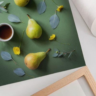 Art print Green background tea pears flowers leaves