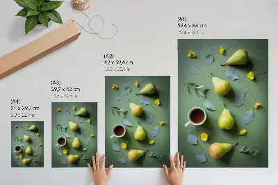 Art print green background with tea, pears, flowers, and leaves