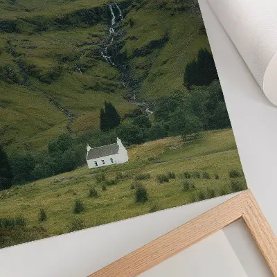 Premium wall art green hills with a picturesque cottage in a peaceful atmosphere