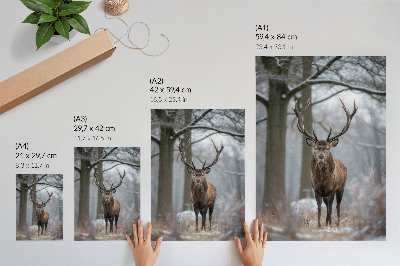 Art print Deer in winter majestic forest shades of gray