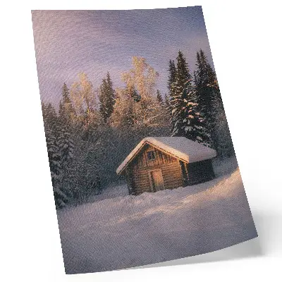 Decorative poster winter forest wooden cottage in a peaceful nature setting