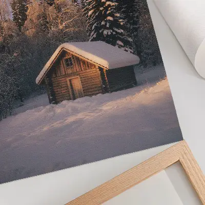 Decorative poster winter forest wooden cottage in a peaceful nature setting
