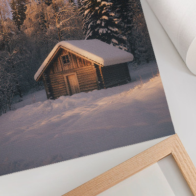 Decorative poster Winter forest wooden cottage peace harmony nature