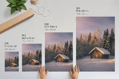 Decorative poster winter forest wooden cottage in a peaceful nature setting