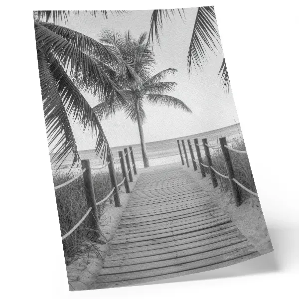Art print featuring a tropical jetty with palm trees, sand, and an endless horizon