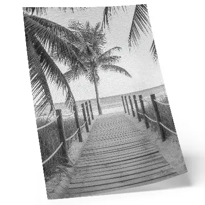 Art print featuring a tropical jetty with palm trees, sand, and an endless horizon