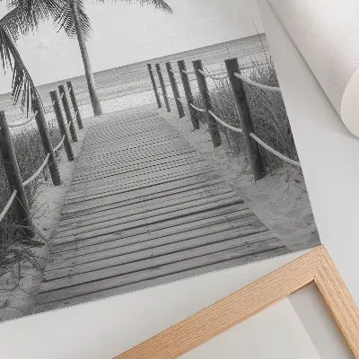 Art print featuring a tropical jetty with palm trees, sand, and an endless horizon