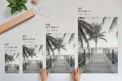 Art print featuring a tropical jetty with palm trees, sand, and an endless horizon