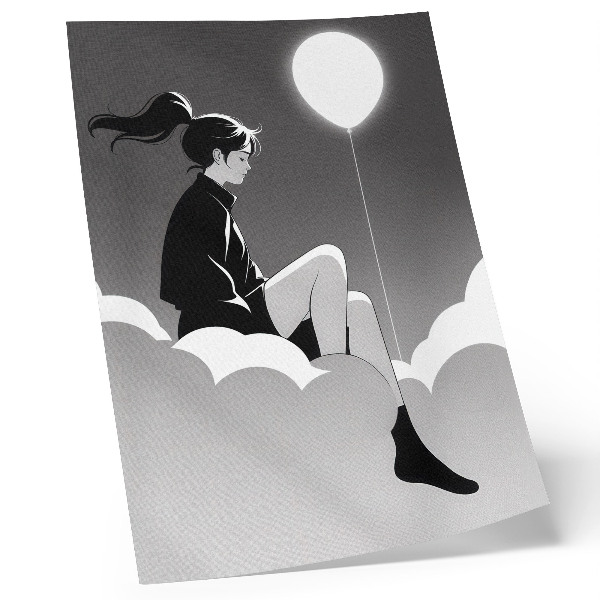 Poster A figure on a cloud with a balloon in a minimalist style