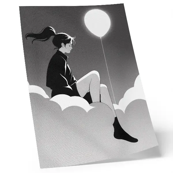 Poster minimalist figure on a cloud with a balloon