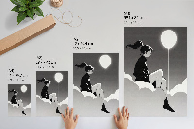 Poster A figure on a cloud with a balloon in a minimalist style