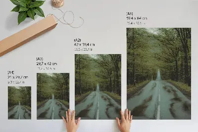 Decorative poster featuring a peaceful forest road with green adventure and mystery