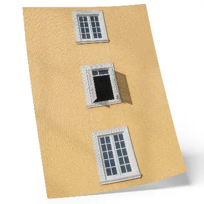 Art print featuring a yellow facade with three symmetrical windows in a simple style