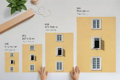 Art print featuring a yellow facade with three symmetrical windows in a simple style