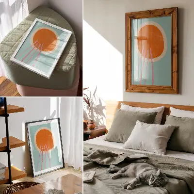 Premium wall art orange circle on a turquoise background with pink lines