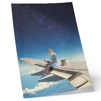 Girl on the wing of an airplane decorative poster universe books print
