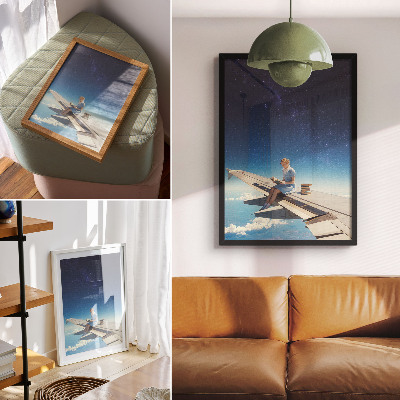 Decorative poster Girl on the wing of an airplane universe books