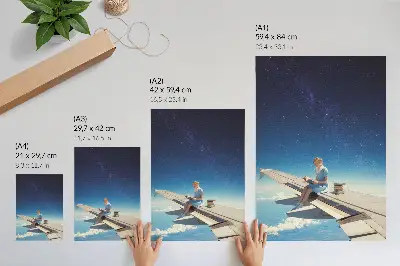 Girl on the wing of an airplane decorative poster universe books print