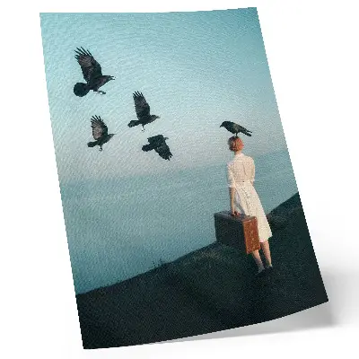 Art print surrealist woman with a suitcase and birds in the sky