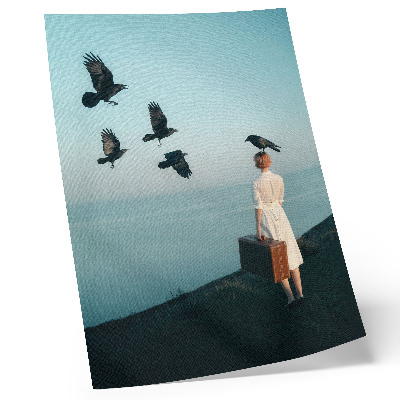 Art print Woman with a suitcase birds sky surrealism