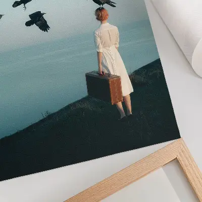 Art print surrealist woman with a suitcase and birds in the sky