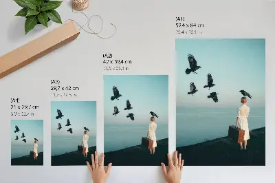 Art print surrealist woman with a suitcase and birds in the sky