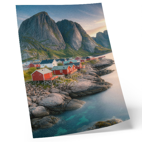 Decorative poster Charming cottages, a calm sea, and majestic mountains