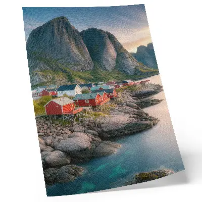 Decorative poster featuring charming cottages, a calm sea, and majestic mountains
