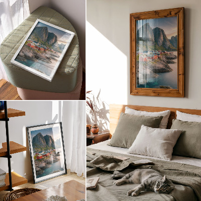 Decorative poster Charming cottages, a calm sea, and majestic mountains