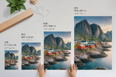 Decorative poster Charming cottages, a calm sea, and majestic mountains