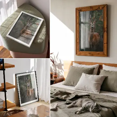 Decorative poster deer in the forest with a green background featuring a peaceful nature scene