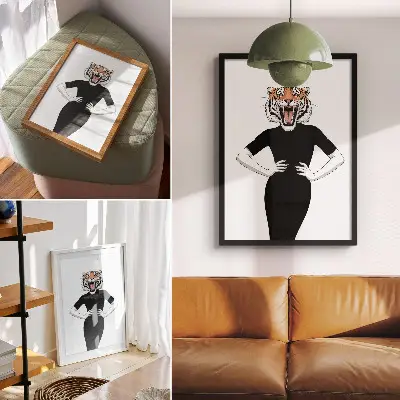 Surrealism tiger and dress art poster surrealist tiger and dress combination