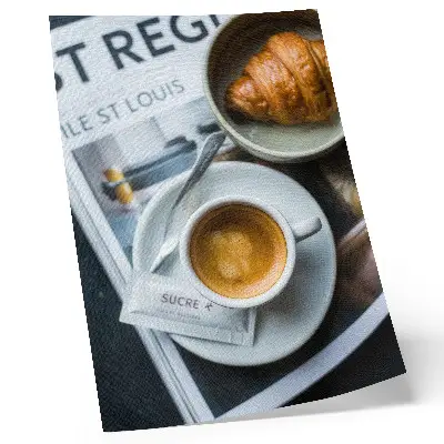 Decorative poster featuring an elegant black and white coffee and croissant scene for relaxation