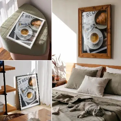 Decorative poster featuring an elegant black and white coffee and croissant scene for relaxation