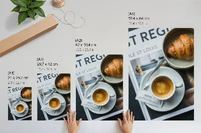 Decorative poster featuring an elegant black and white coffee and croissant scene for relaxation