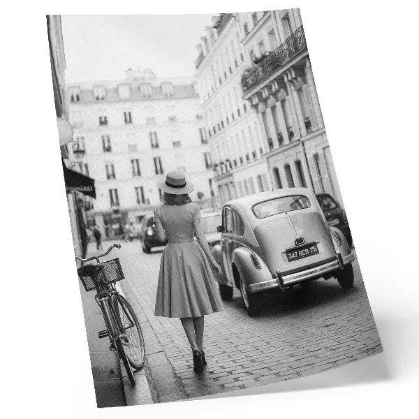 Art print retro woman in the city with a classic car