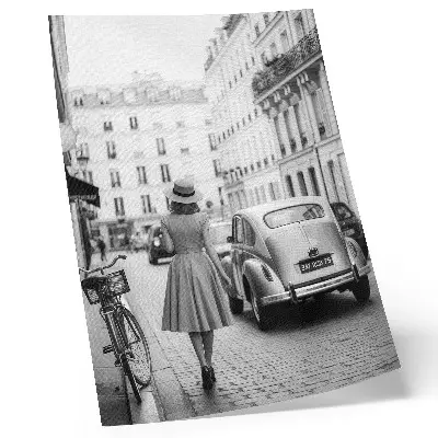 Art print retro woman in the city with a classic car